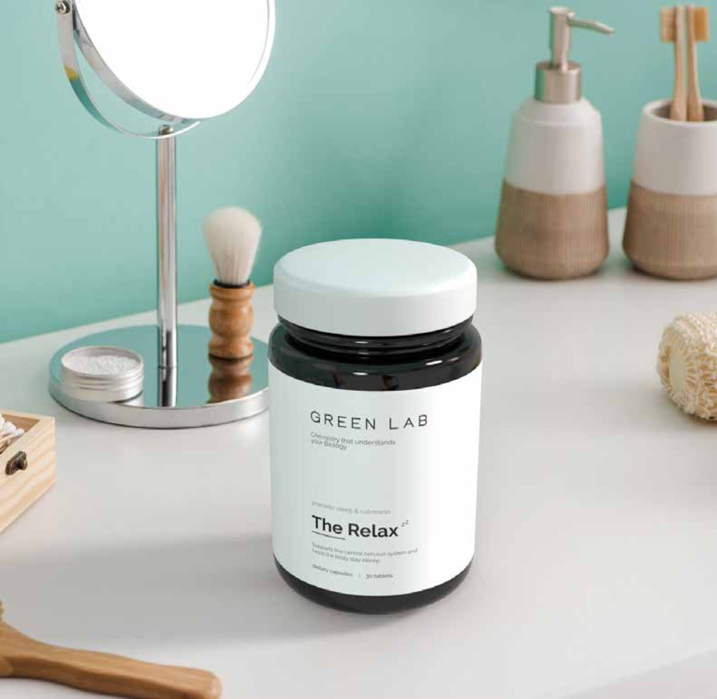 Green Lab — The Relax supplement on a bathroom vanity