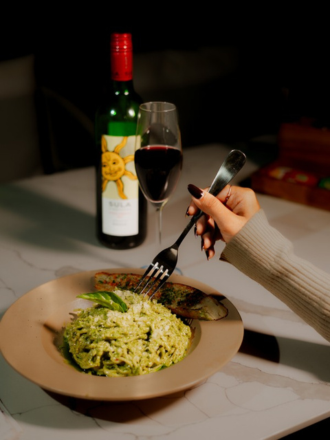 Pesto pasta with wine